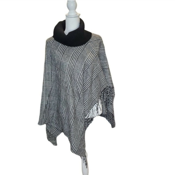 Talbot's Houndstooth Checkered Cowl Neck Turtleneck Fringe Poncho Cape Shawl M/L - Picture 2 of 8